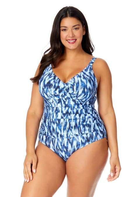 Women's Plus Tie Dye Ikat Hidden Underwire Drape Front One Piece Swimsuit