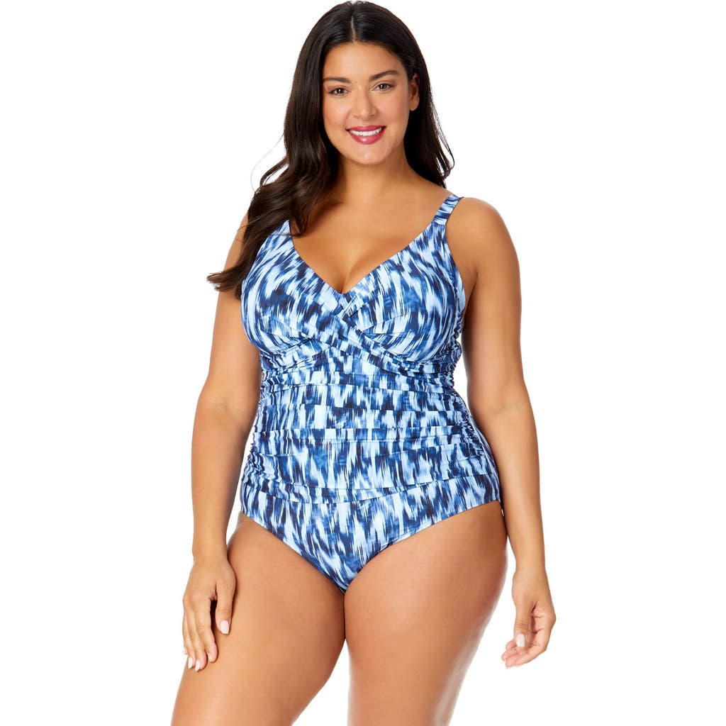 Anne Cole Plus Plus Tie Dye Ikat Hidden Underwire Drape Front One Piece Swimsuit In Tie Dye Ikat
