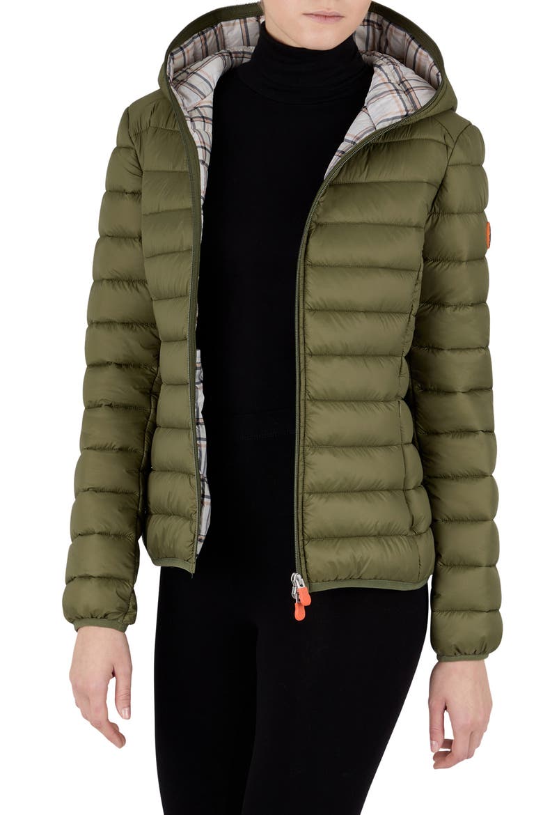 Demi Water Repellent Recycled Nylon Puffer Jacket, Main, color, DUSTY OLIVE GLEN TARTAN BEIGE