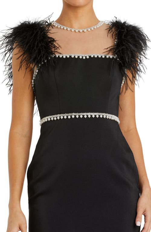 Mac Duggal Feather Cap Sleeve Pearl Embellished Midi Dress In Black