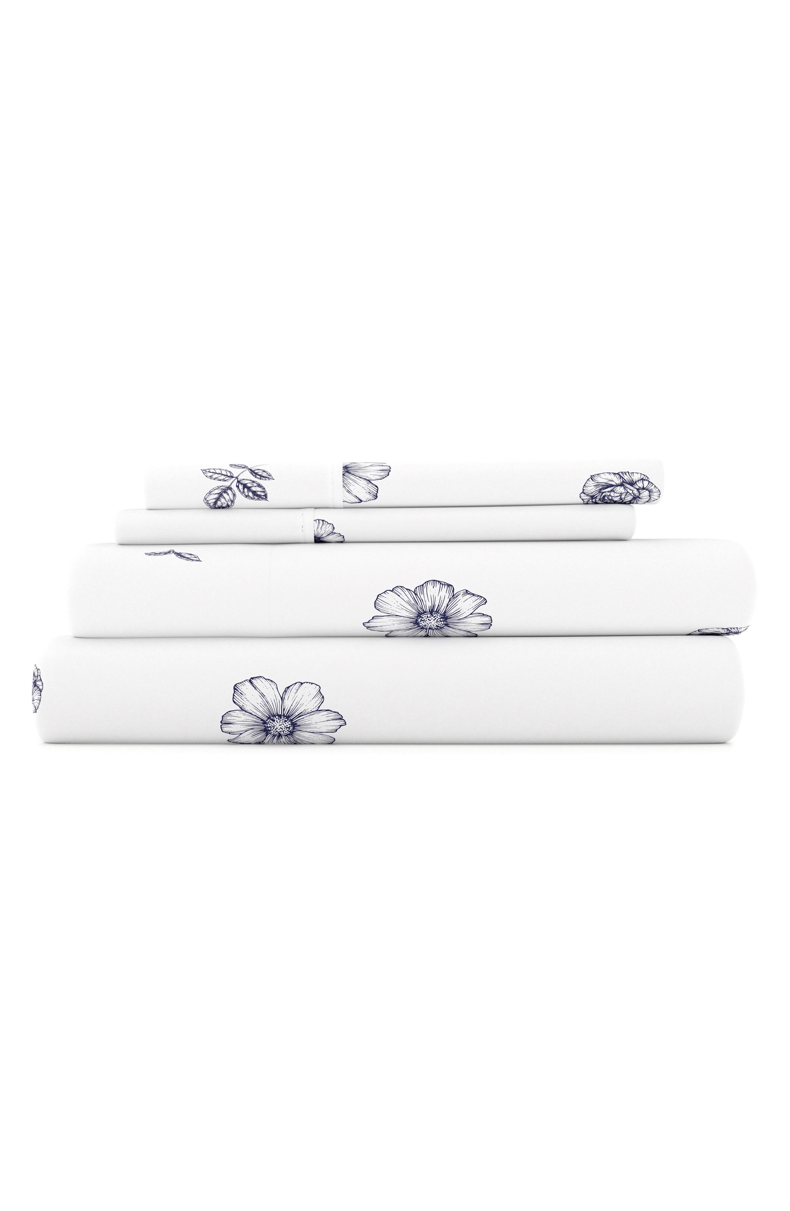 HOMESPUN HOME SPUN Premium Ultra Soft Indigo Flowers Pattern 4-Piece Bed Sheet Set