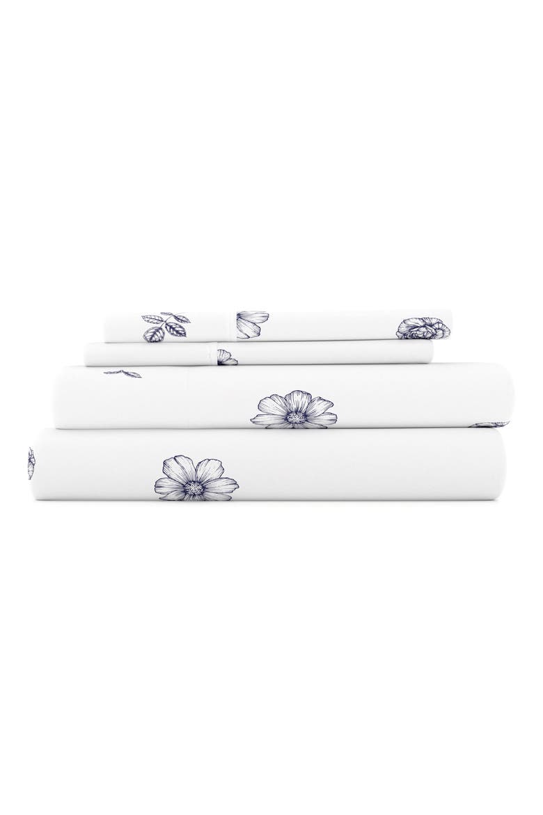 HOME SPUN Premium Ultra Soft Indigo Flowers Pattern 4-Piece Bed Sheet Set, Main, color, NAVY