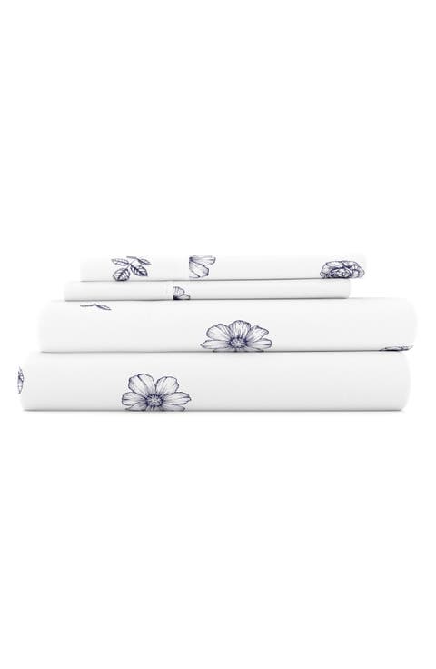 HOME SPUN Premium Ultra Soft Indigo Flowers Pattern 4-Piece Bed Sheet Set