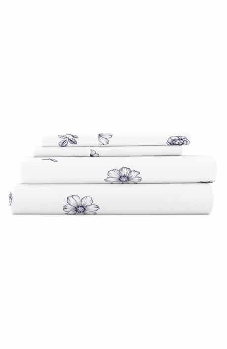 HOMESPUN HOME SPUN Premium Ultra Soft Indigo Flowers Pattern 4-Piece Bed Sheet Set