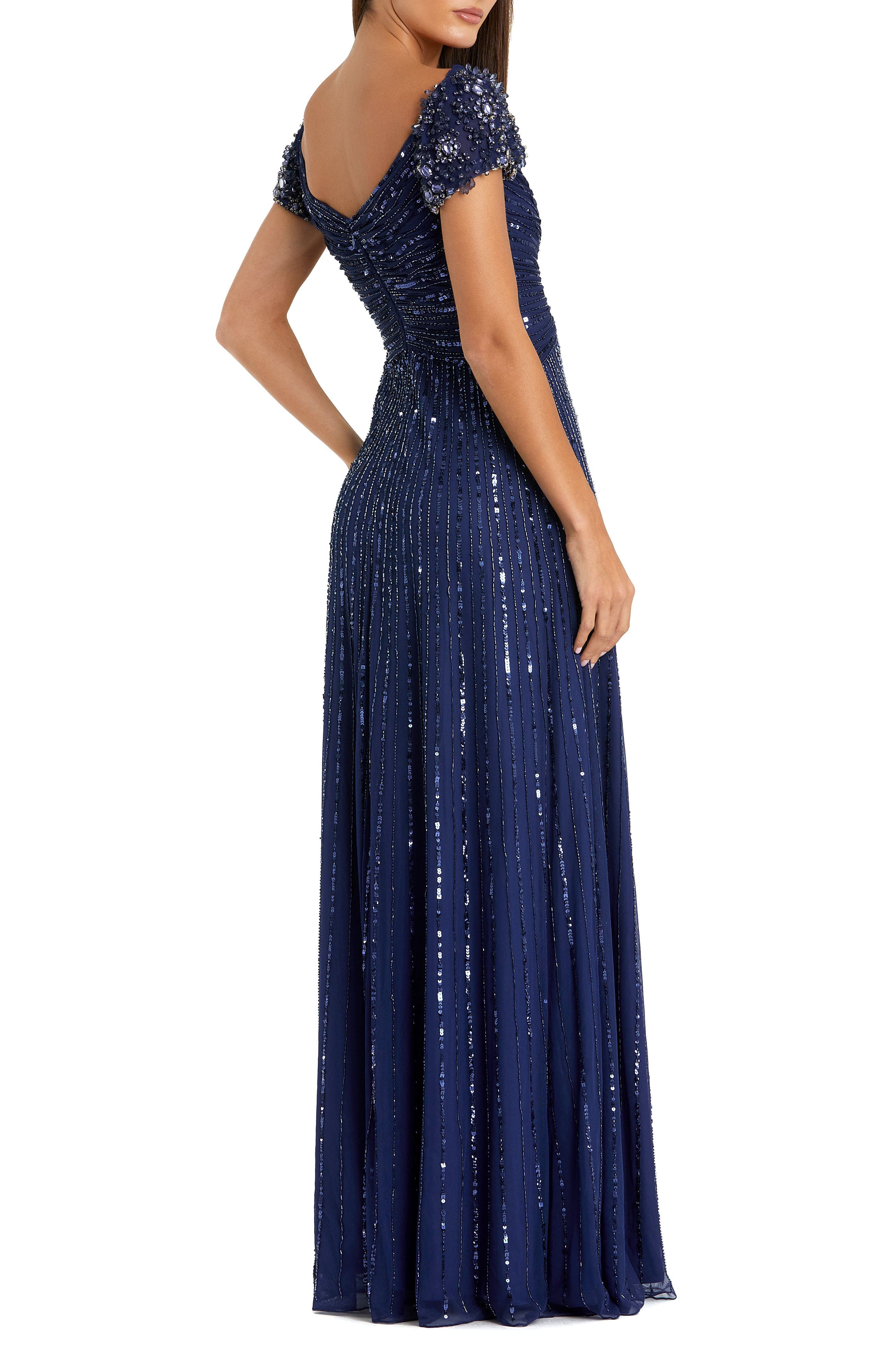Striped Sequin Mesh Gown With Beaded Shoulders - image 2