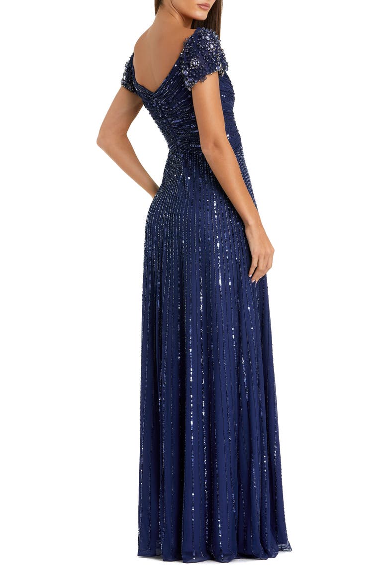 Women's Beaded Cap Sleeve V-Neck A-Line Evening Gown, Alternate, color, Sapphire