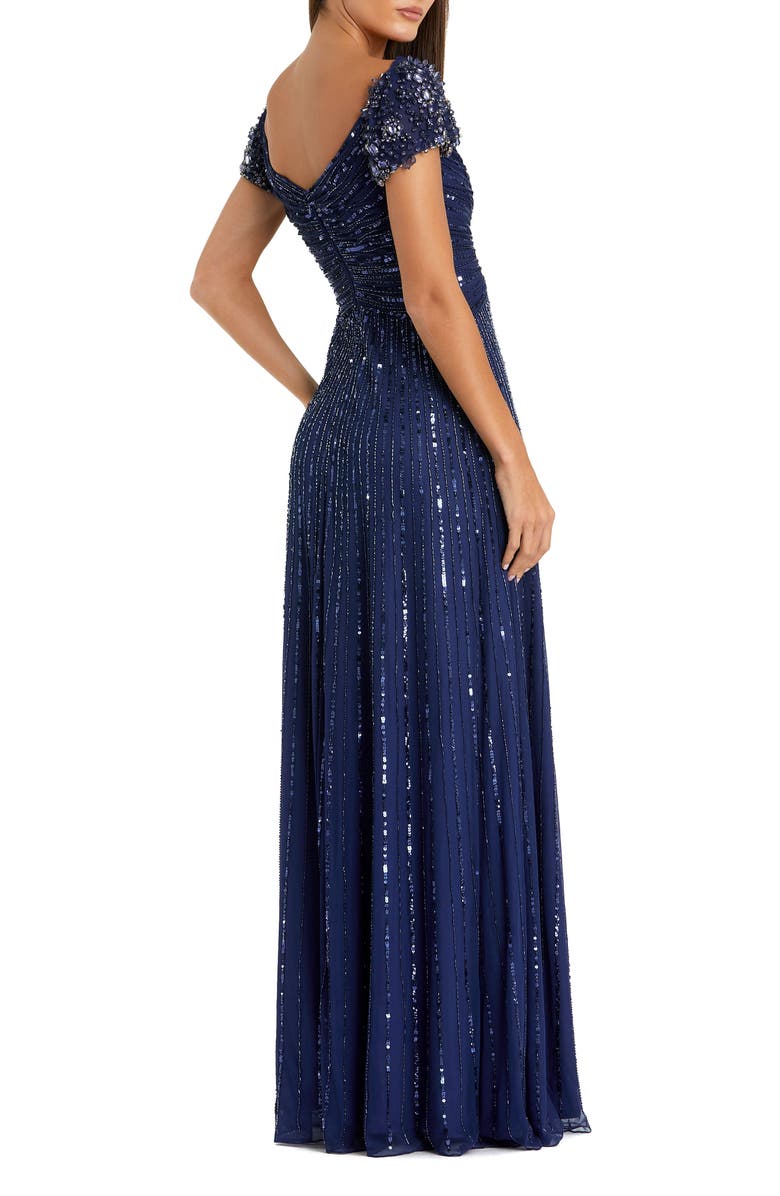 Mac Duggal Striped Sequin Mesh Gown With Beaded Shoulders, Alternate, color, Sapphire