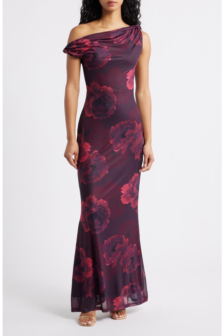Mischa Twist Strap Mermaid Gown, Main, color, BURGUNDY FLORAL
