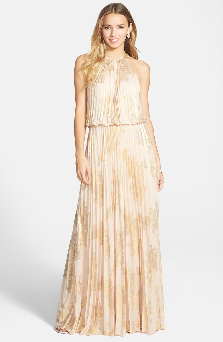 Xscape Evenings Xscape Foiled Pleated Blouson Gown, Main, color,