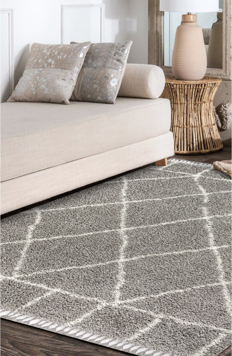 JONATHAN Y Mercer Shag Plush Tassel Moroccan Geometric Area Rug, Alternate, color, Gray/Ivory