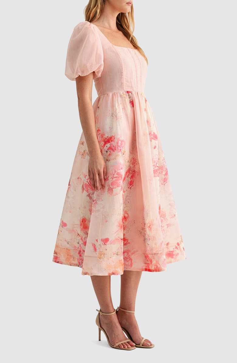 Mila Mae Puff Sleeve Chiffon Fit & Flare Midi Dress, Alternate, color, Pink Floral