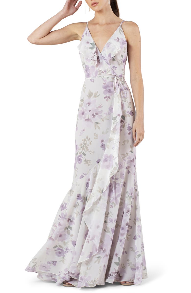 Jenny Yoo Ensley Painted Petals Faux Wrap Trumpet Gown, Main, color, 