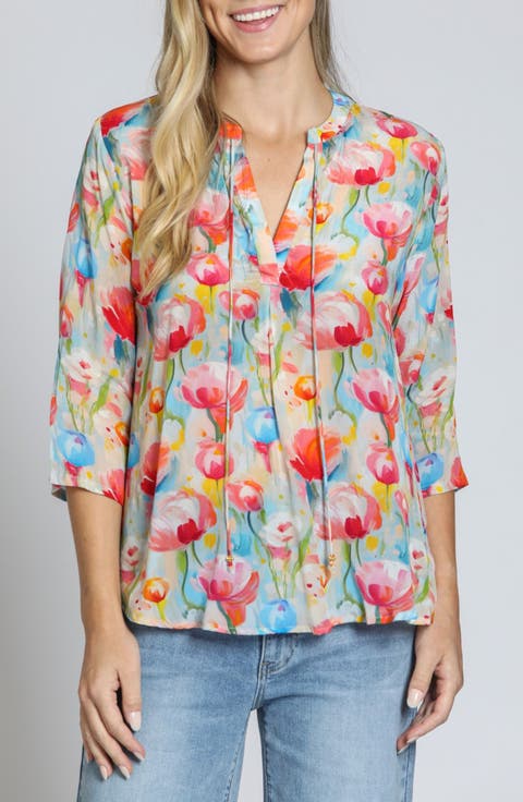 Print Tassel Split Neck Chiffon Top