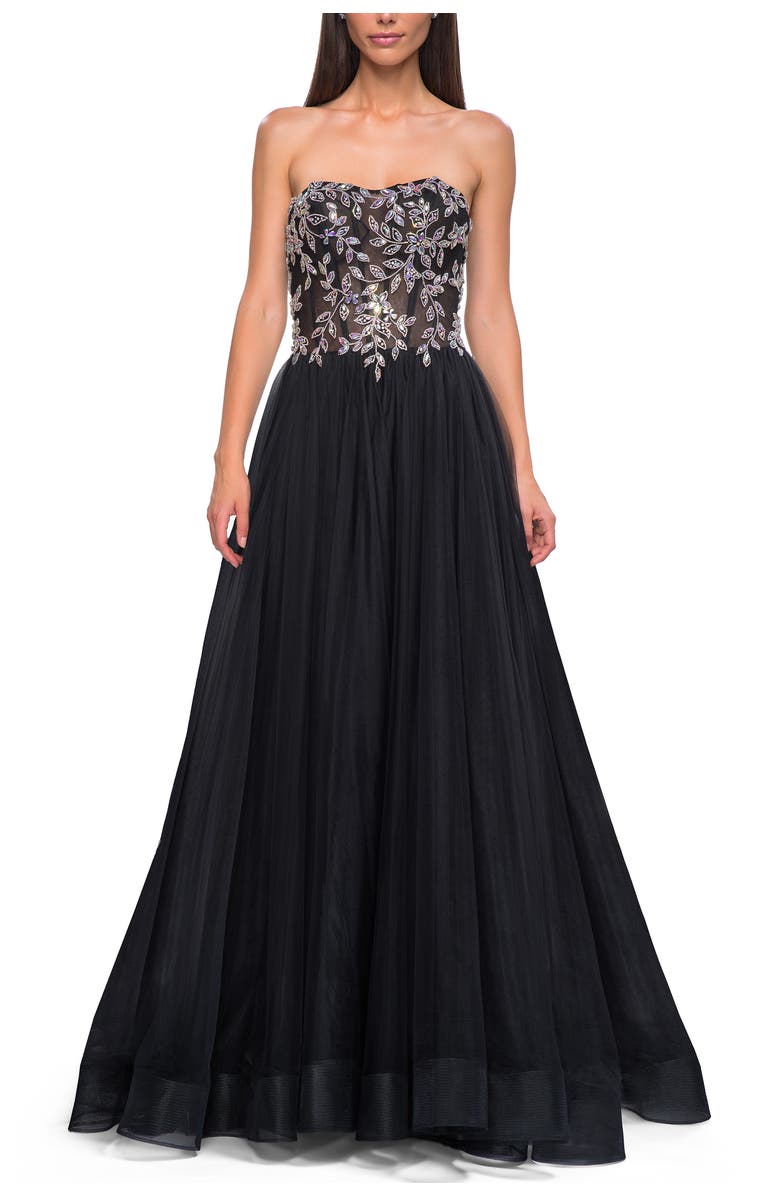 La Femme A-line Tulle Prom Dress with Stunning Floral Beaded Design, Alternate, color, Black