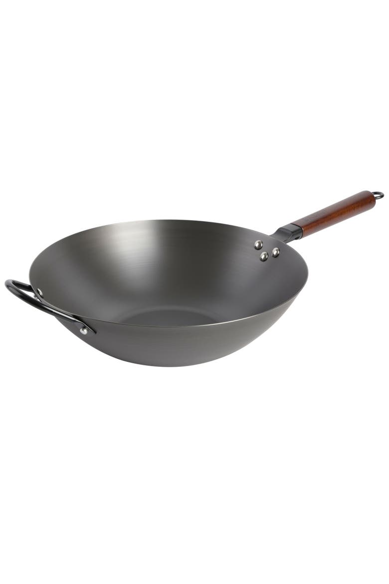 Pre-Seasoned Carbon Steel Flat Bottom Wok, Main, color, Black