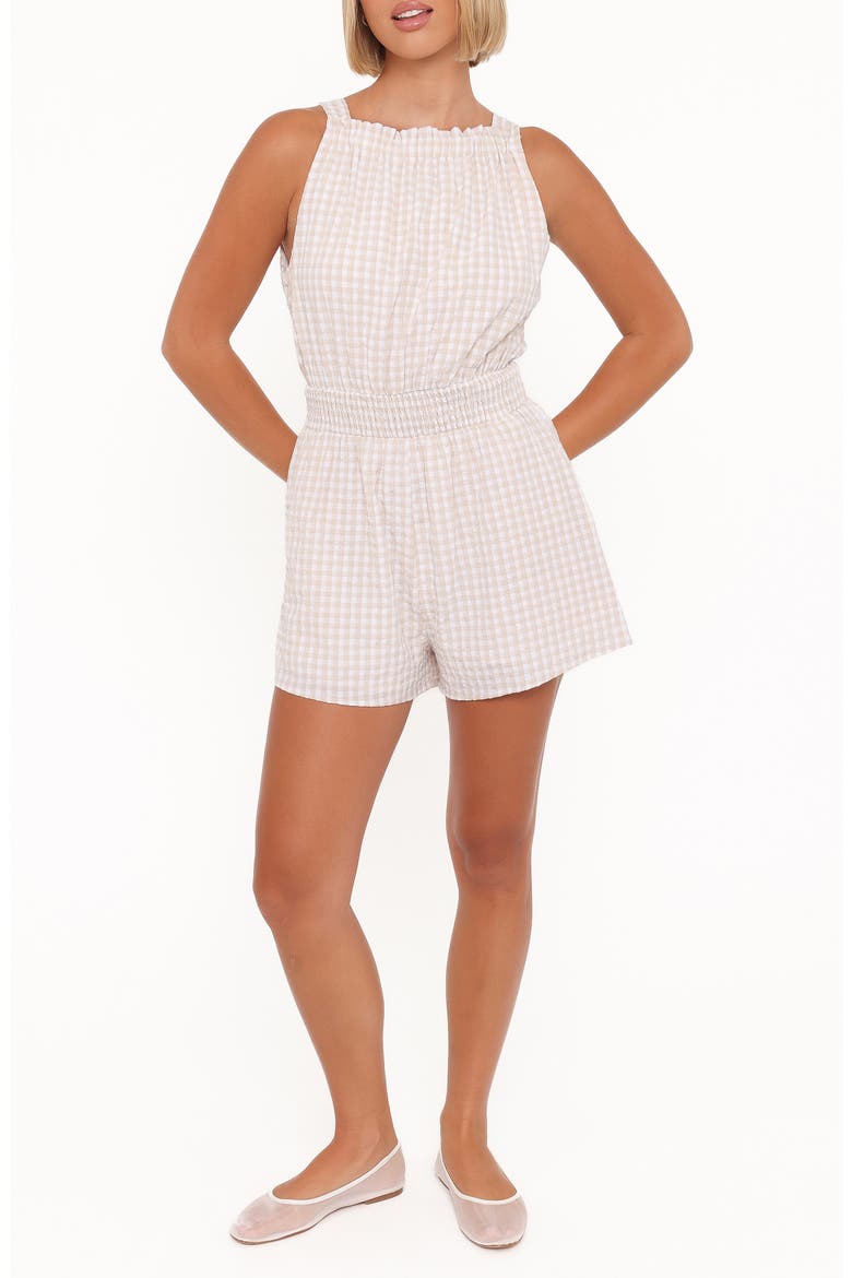 Felicity Gingham Romper, Main, color, BEIGE GINGHAM