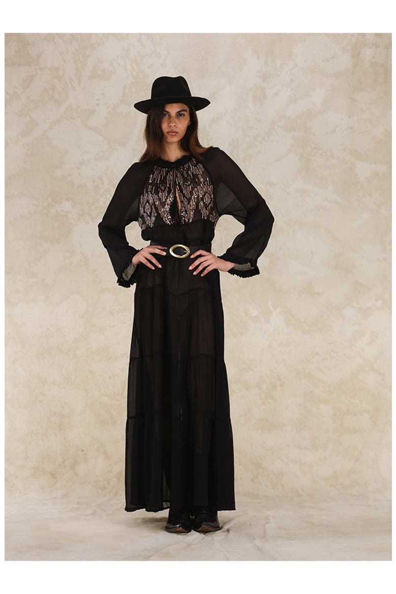 Arsia Embroidered Silk Chiffon Kaftan Dress, Alternate, color, BLACK