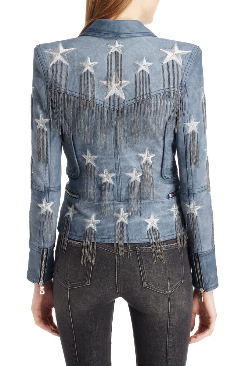 Balmain Star & Chain Embellished Leather Jacket, Alternate, color, 