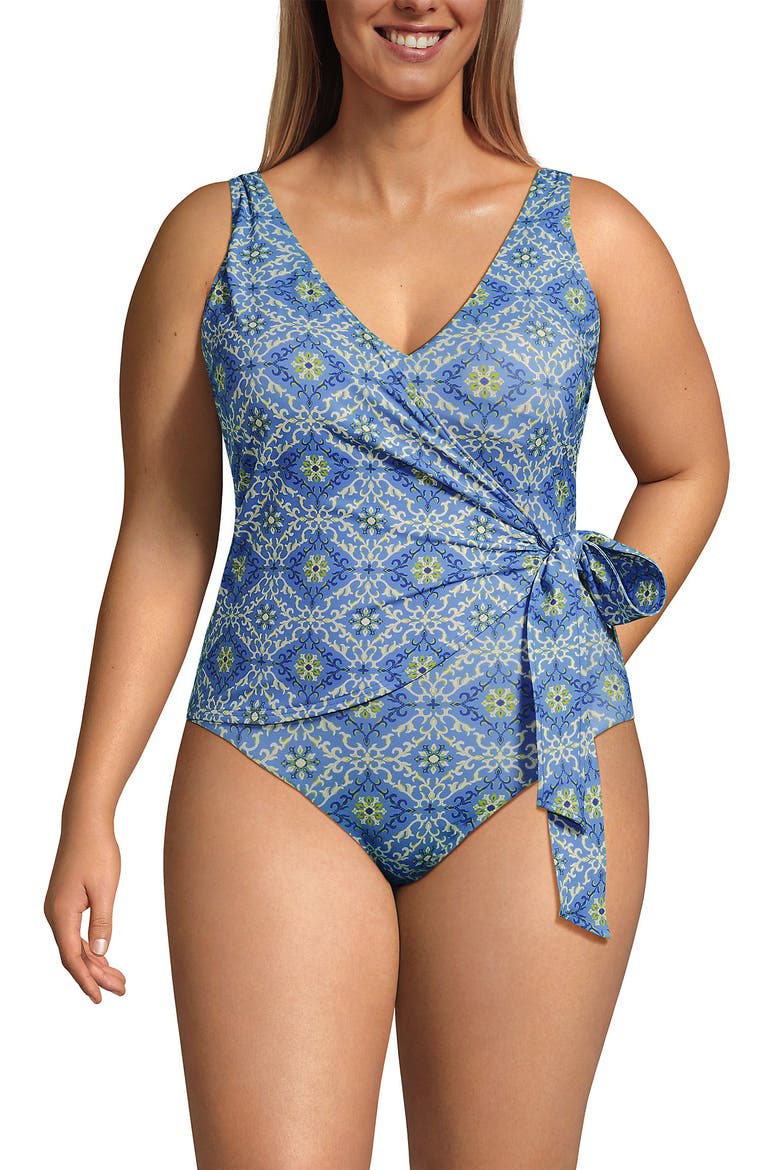 Plus Size Side Tie Wrap One Piece Swimsuit, Main, color, Lake Blue/Egret Geo Floral
