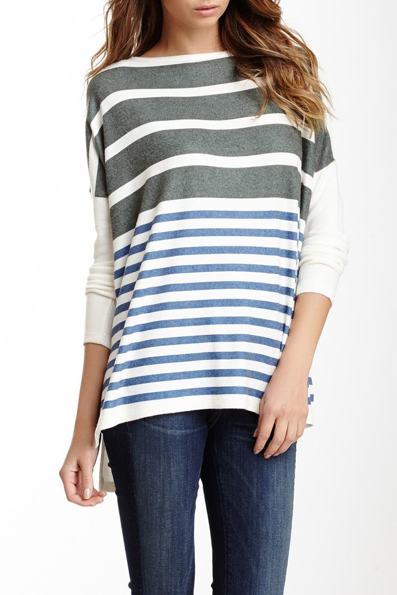 Dolman Elbow Patch High/Low Sweater, Main, color, IVORY BLACK NAVY SIZED STRIPES
