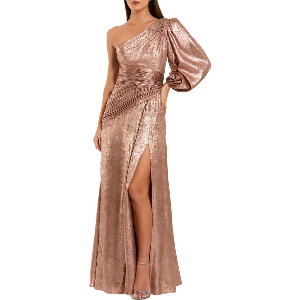Mac Duggal Pleated Metallic One-Shoulder Gown with Slit in Rose Gold at Nordstrom, Size 6