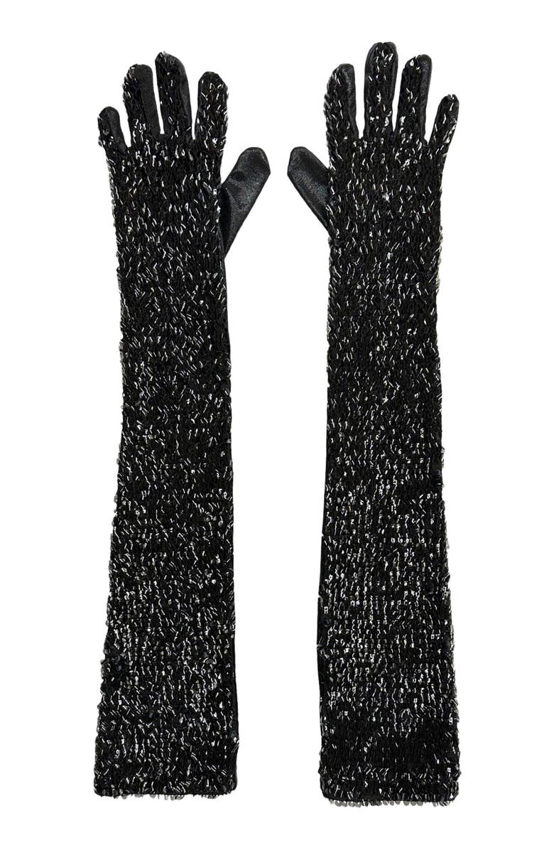 Anna Sui Bugle Bead Sequins Long Gloves, Main, color, Black Multi