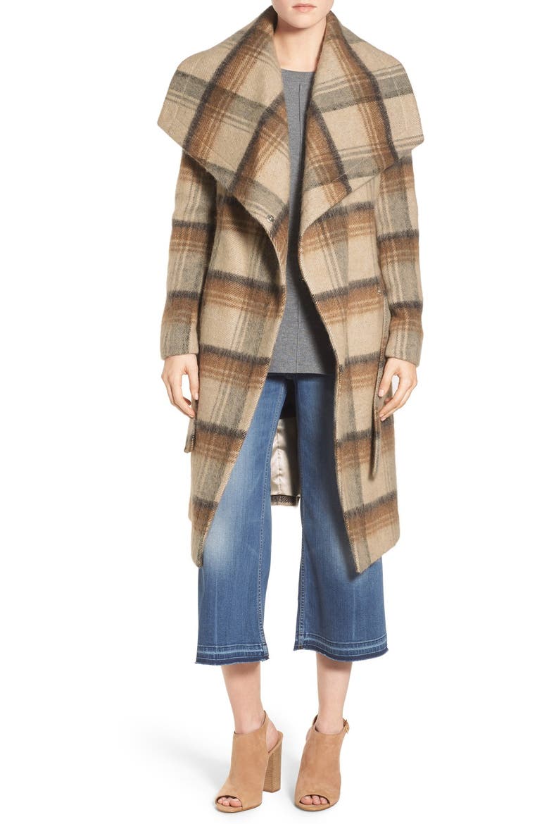 Belted Plaid Wrap Coat, Main, color, ORANGE BEIGE PLAID