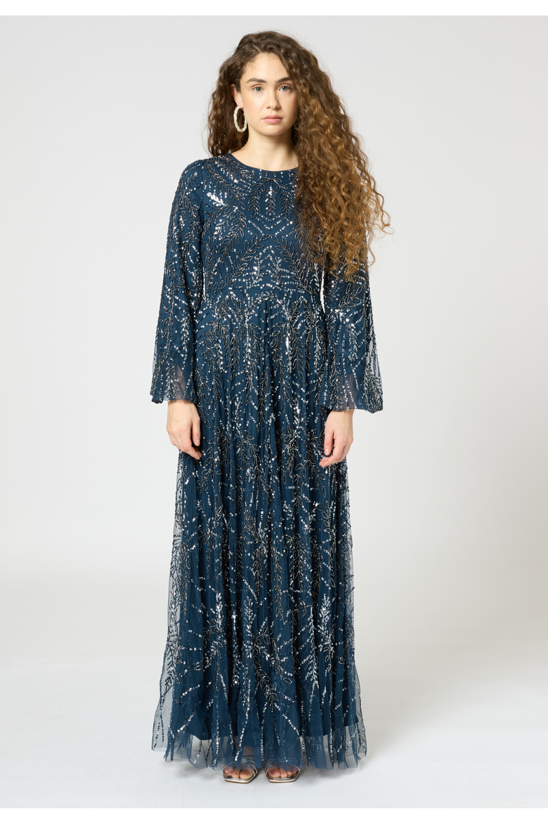 Occasion Modest Embellished Sequin Beaded Floral Long Sleeves Evening Maxi Dress, Main, color, NAVY