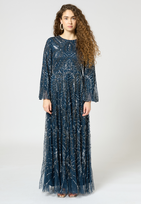 Occasion Modest Embellished Sequin Beaded Floral Long Sleeves Evening Maxi Dress