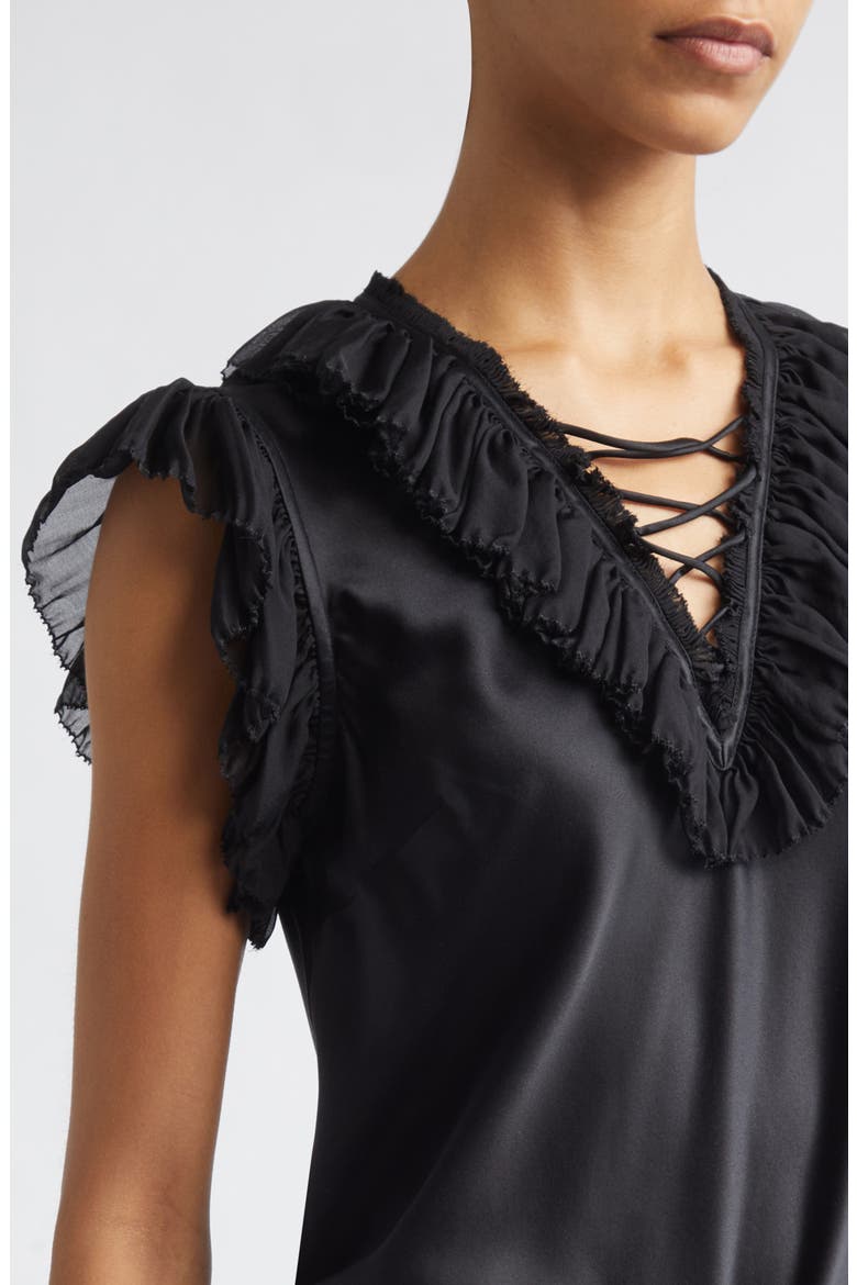 Ilyana Silk Sheer Ruffle Trim Top, Alternate, color, NOIR