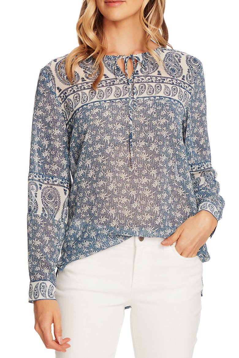 Mix Print Tie Neck Peasant Blouse, Main, color, NIGHT NAVY