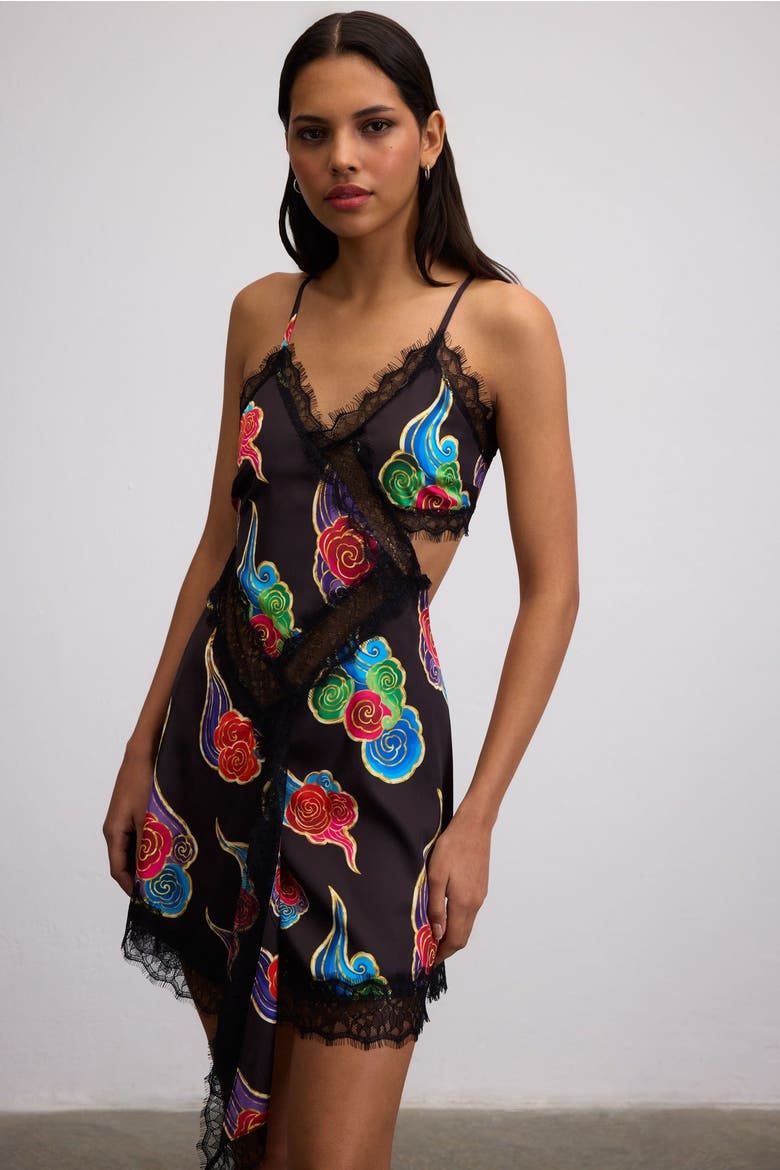 Sora Cloud Print Mini Dress With Lace Trim, Alternate, color, Black