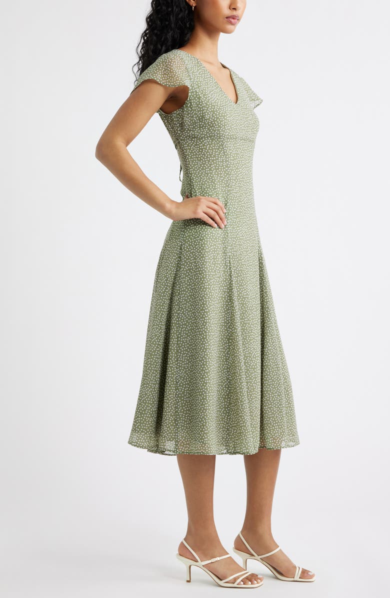 Open Edit Short Sleeve Godet Pleat Dress, Alternate, color, Olive- White Dense Dot