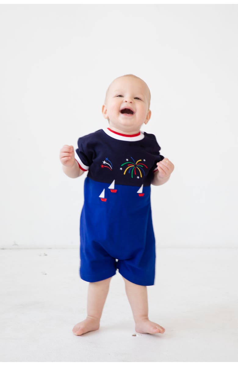 Florence Eiseman Knit Shortall With Boats And Fireworks, Alternate, color, Navy / Blue