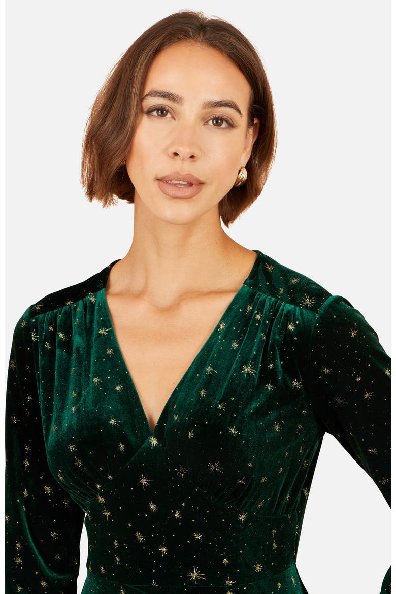 Foil Star Print Velvet Skater Dress, Alternate, color, Green