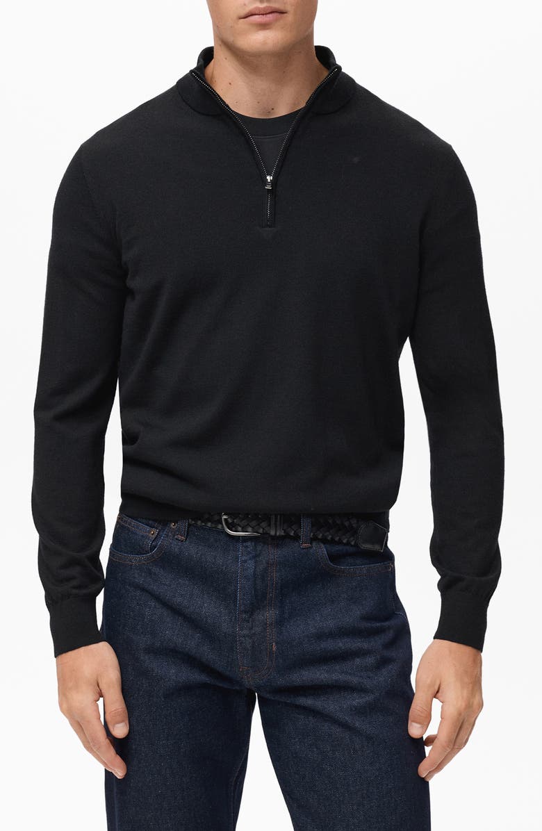 MANGO Perkins Wool Quarter Zip Sweater, Main, color, Black