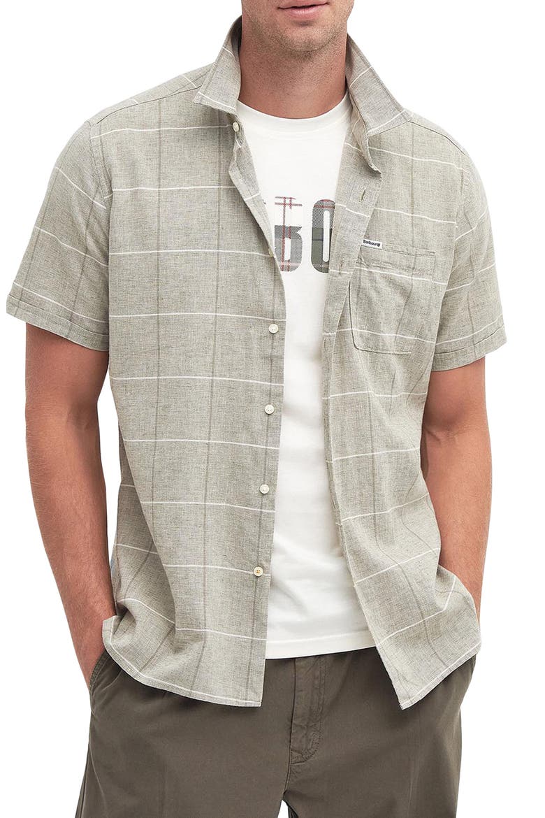 Swaledale Check Short Sleeve Linen & Cotton Button-Up Shirt, Main, color, OLIVE