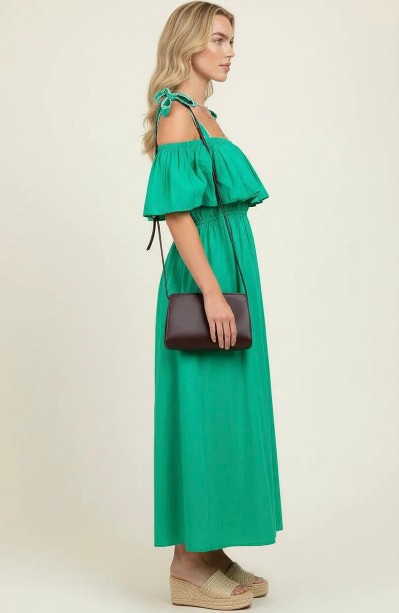 Modenaire Off Shoulder Ruffle Smocked Midi Dress, Alternate, color, Emerald Green