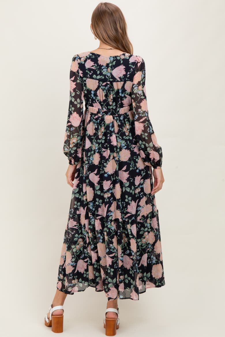 Floral Chiffon Bow Tie Front Maxi Dress, Alternate, color, Navy Blue