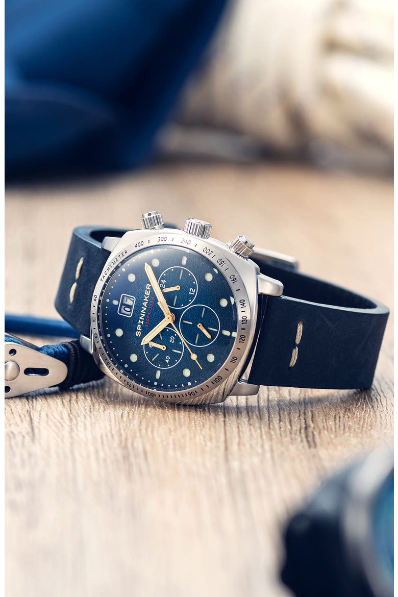 Hull Chronograph Leather Strap Watch, 42mm, Alternate, color, BLUE