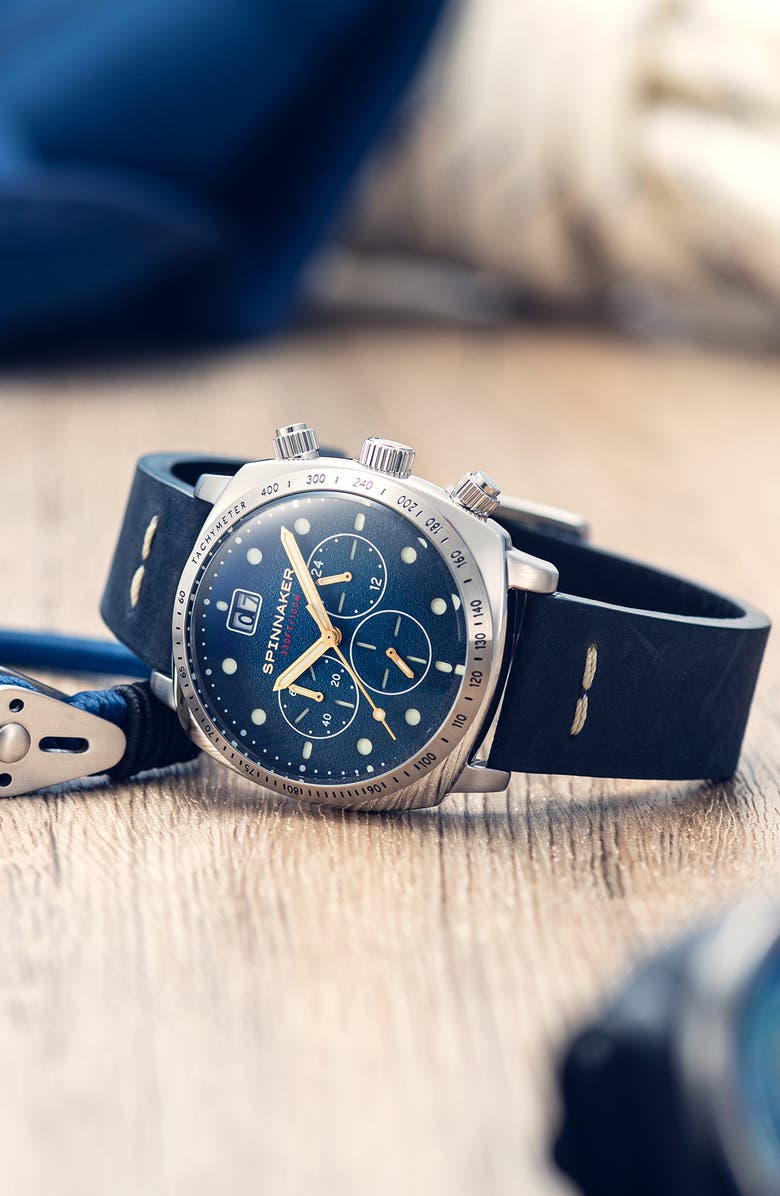 SPINNAKER Hull Chronograph Leather Strap Watch, 42mm, Alternate, color, Blue