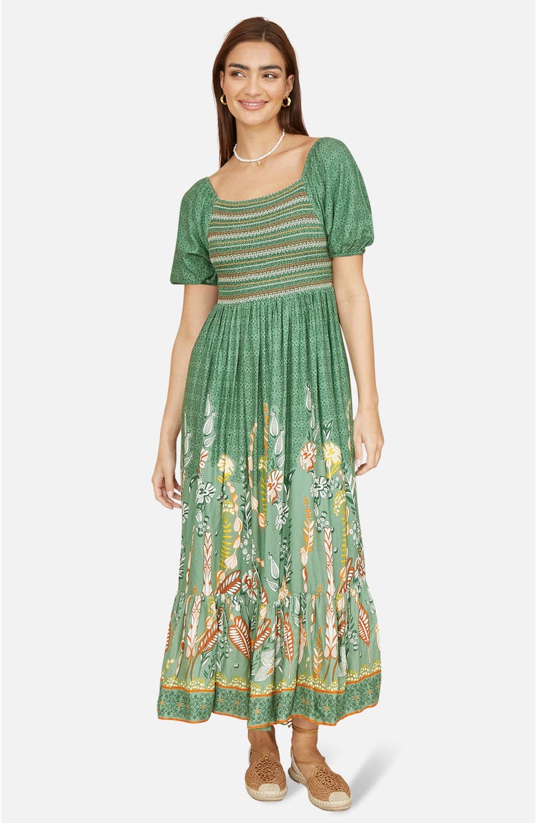 Yumi Ruched Leaf Print Maxi Dress, Main, color, Green