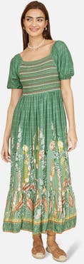 Yumi Ruched Leaf Print Maxi Dress
