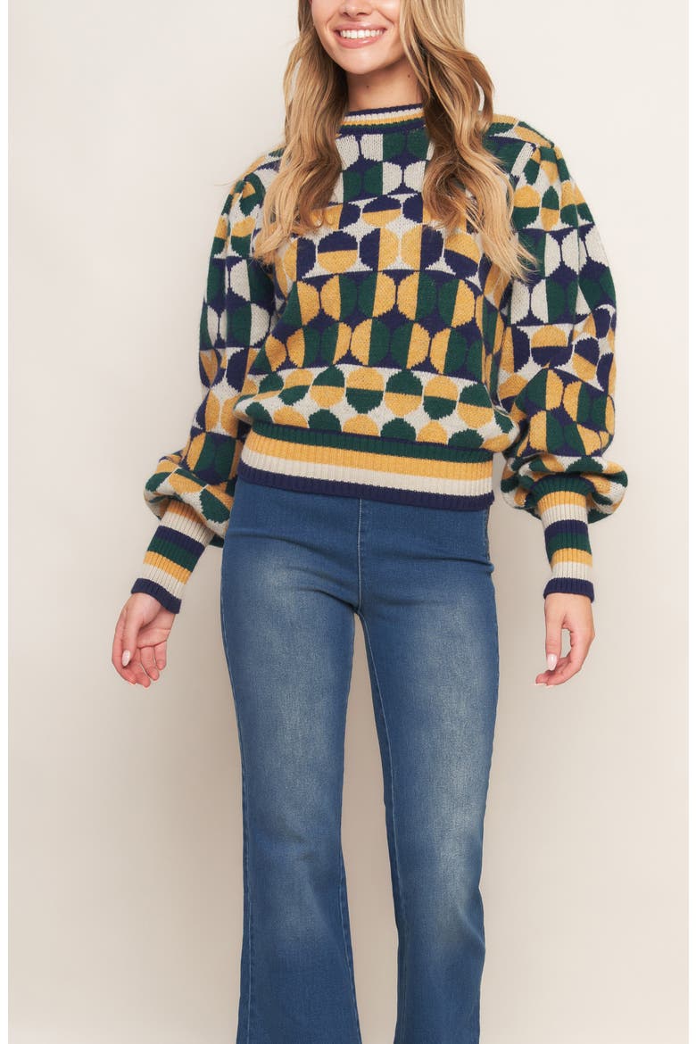 Geometric Balloon Sleeve Sweater, Alternate, color, GREEN/ NAVY