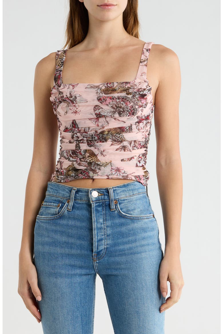 Rasha Butterfly & Jungle Print Shirred Tank Top, Main, color, LIGHT NECTAR PINK BUTTERFLY