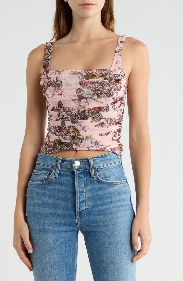 L'AGENCE Rasha Butterfly & Jungle Print Shirred Tank Top, Main, color, Light Nectar Pink Butterfly