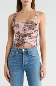 L'AGENCE Rasha Butterfly & Jungle Print Shirred Tank Top