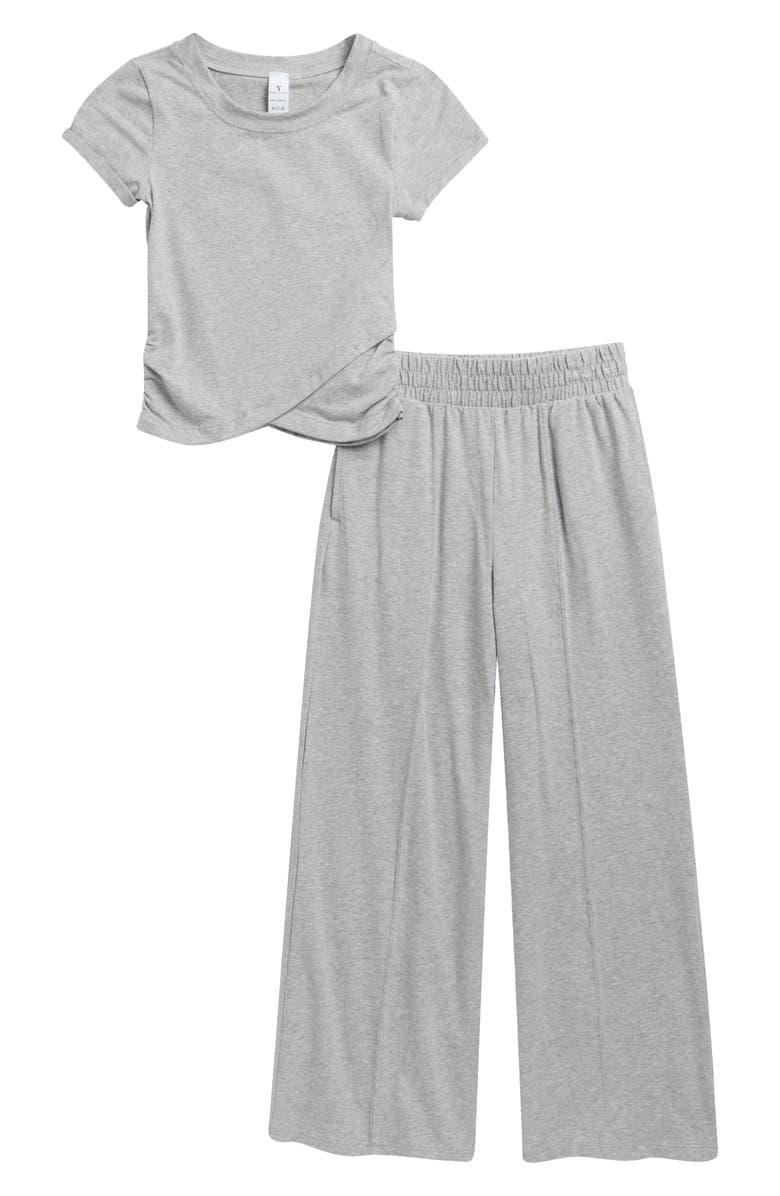 YOGALICIOUS Kids' Lilan Jersey Wrap Top & Wide Leg Pants Set, Main, color, Heather Light Grey