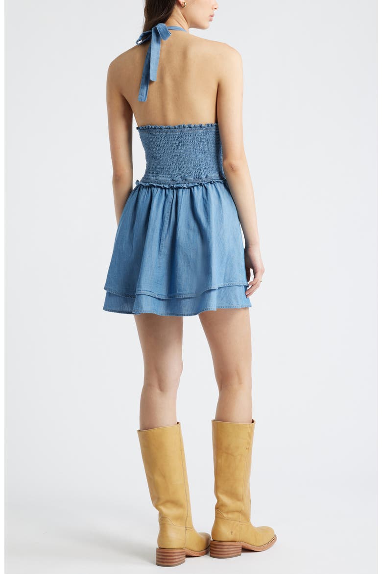 Tie Neck Tiered Halter Denim Minidress, Alternate, color, MEDIUM WASH