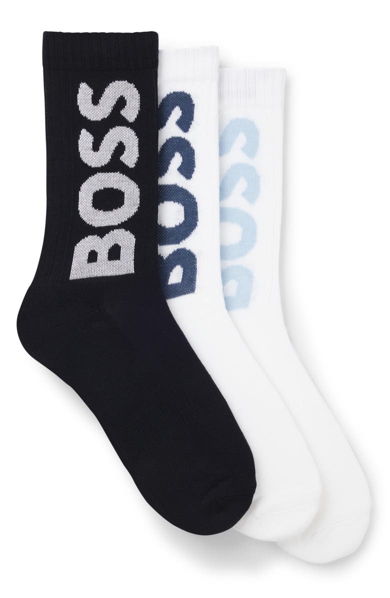 BOSS 3-Pack Logo Ribbed Crew Socks, Alternate, color, Open Miscellaneous